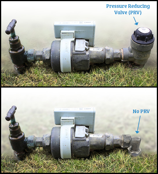 Photos of 2 water meters, one with and one without a Pressure Reducing Valve